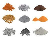 Realistic 3d Detailed Building Materials Set Include of Brick, Cement, Sand, Stone Gravel and Metal. Vector illustration